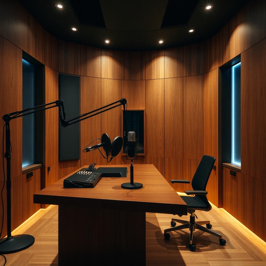 Estúdio de podcast Helani em madeira natural com iluminação difusa.